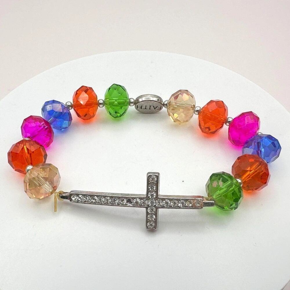 Vintage Y2K Clear Rhinestone Beaded Cross Bracelet Faith Charm Religious Jewelry
